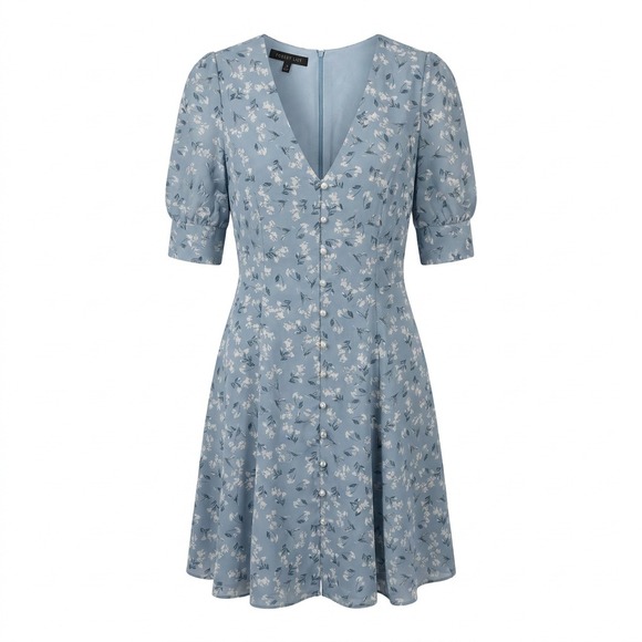 Forest Lily Dresses & Skirts - Forest Lily Blue Floral V-Neck Fit Flare Mini Dress Puff Sleeve Women Size 6